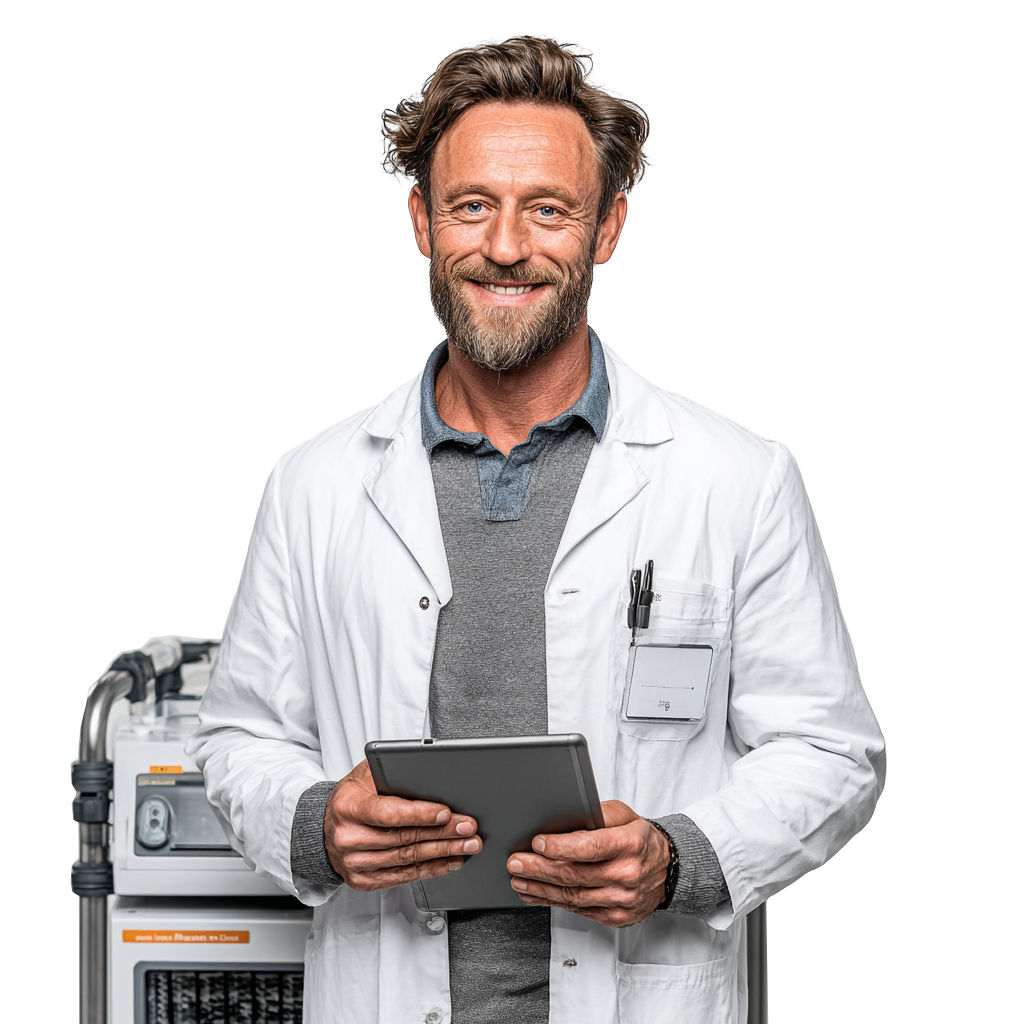 Ärztin nutzt E-Learning am Medizingerät – digitale Produktschulung mit Fracto