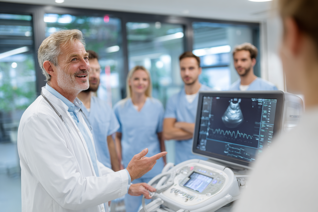 Doctor demonstrating ultrasound machine to medical team